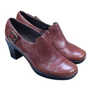 Clarks Mirabelle Theat 8.5M Brown Leather Heeled Shoes With Buckle & Side Zipper